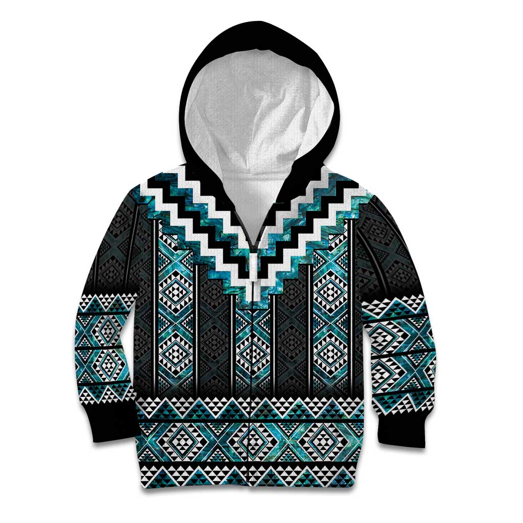 Paua Shell Taniko Pattern Aotearoa Kid Hoodie Niho Taniwha Mix Poutama LT14 Zip Hoodie Turquoise - Polynesian Pride