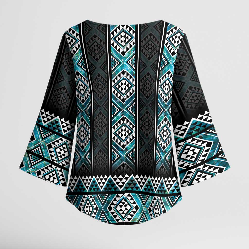 Paua Shell Taniko Pattern Aotearoa Kimono Sleeve Blouse Niho Taniwha Mix Poutama - Polynesian Pride