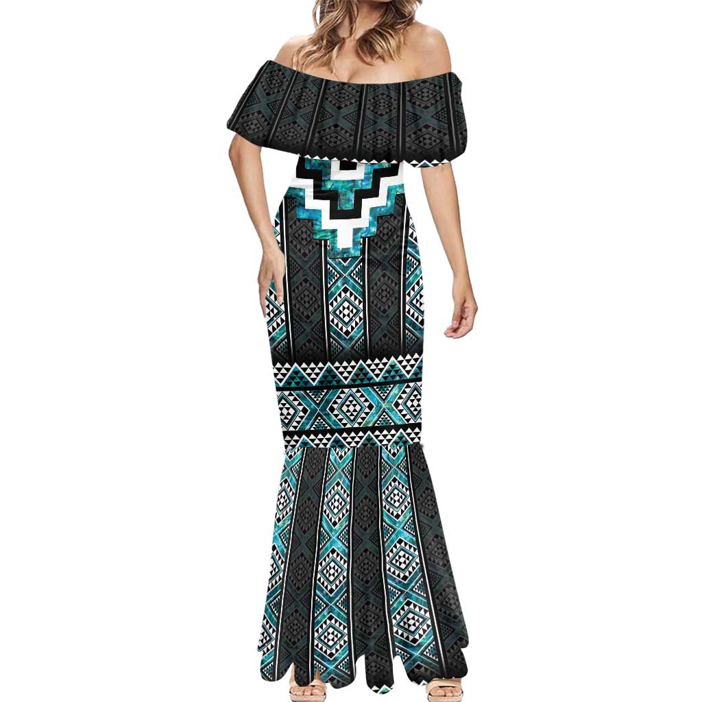 Paua Shell Taniko Pattern Aotearoa Mermaid Dress Niho Taniwha Mix Poutama