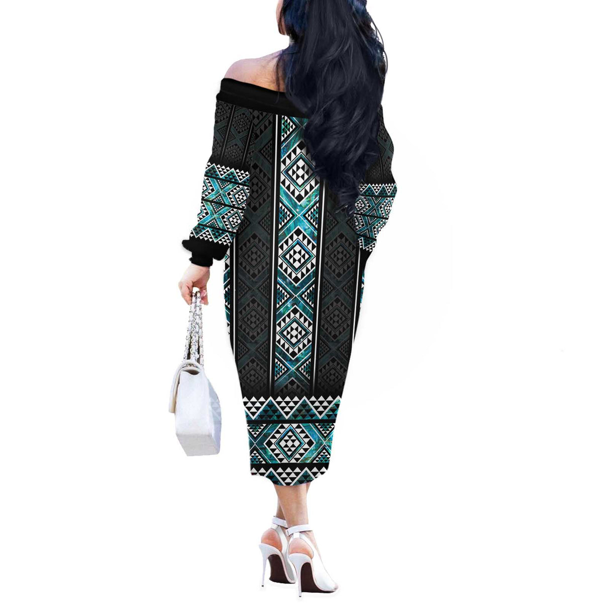 Paua Shell Taniko Pattern Aotearoa Off The Shoulder Long Sleeve Dress Niho Taniwha Mix Poutama