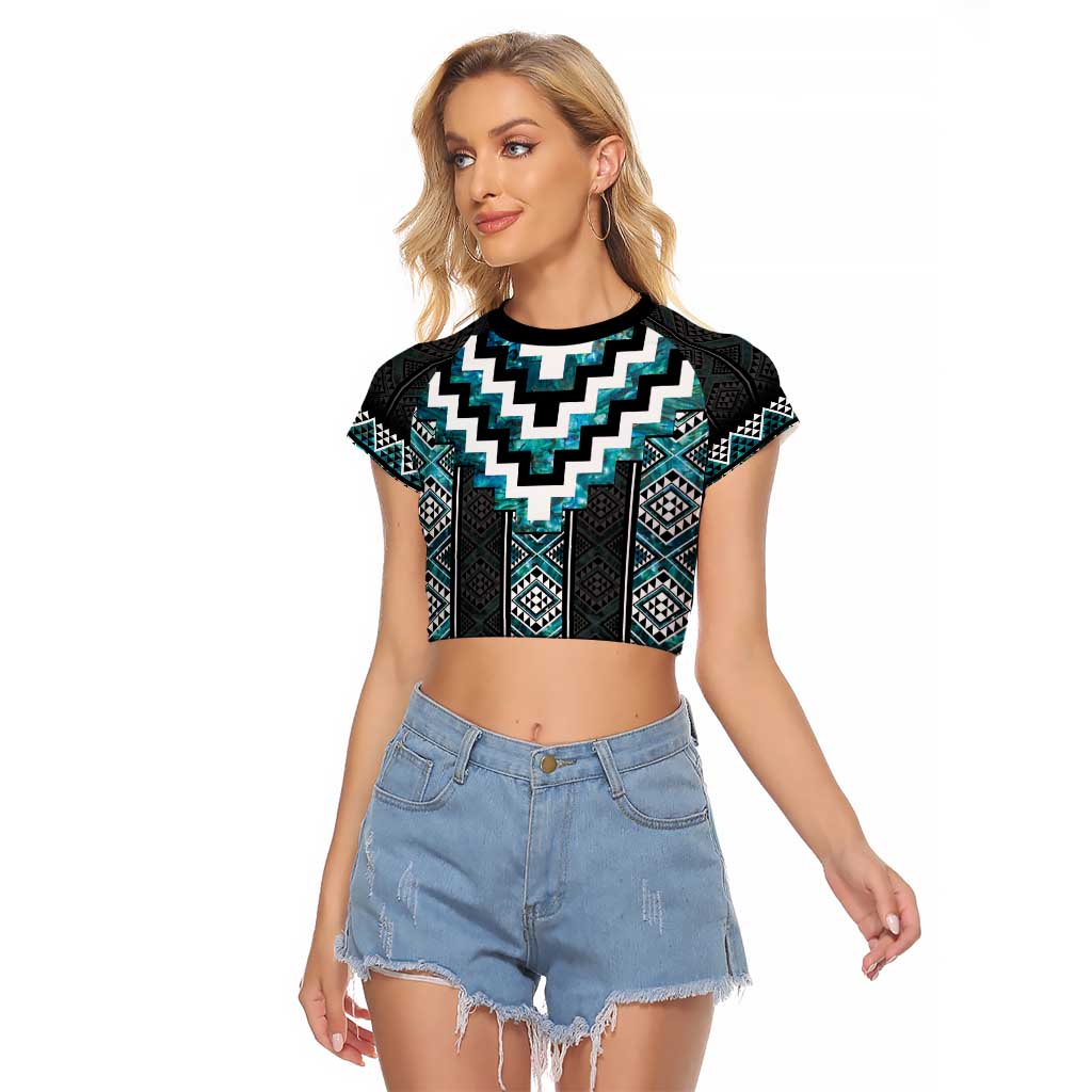 Paua Shell Taniko Pattern Aotearoa Raglan Cropped T Shirt Niho Taniwha Mix Poutama LT14 Female Turquoise - Polynesian Pride