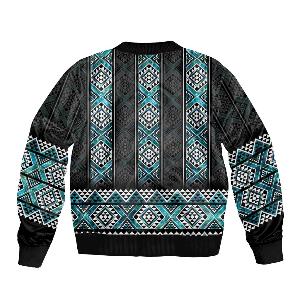 Paua Shell Taniko Pattern Aotearoa Sleeve Zip Bomber Jacket Niho Taniwha Mix Poutama