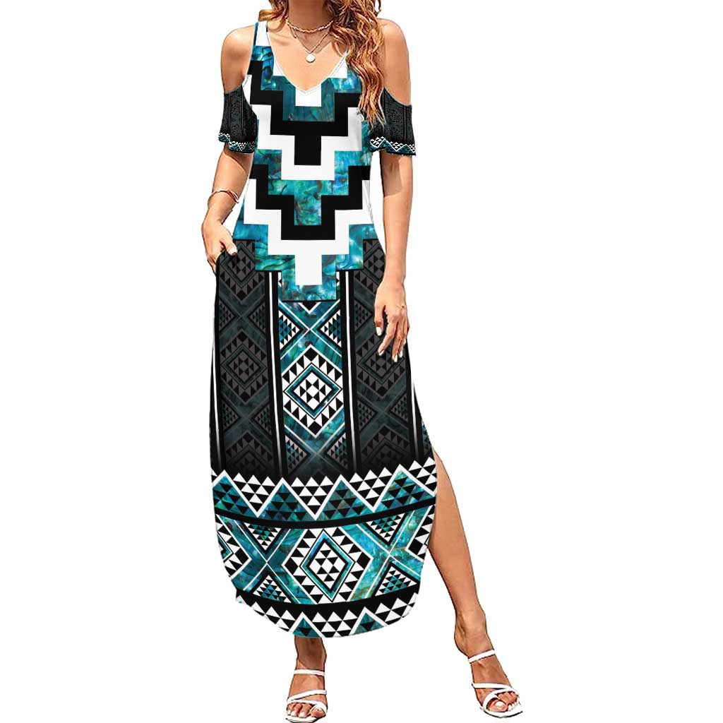 Paua Shell Taniko Pattern Aotearoa Summer Maxi Dress Niho Taniwha Mix Poutama