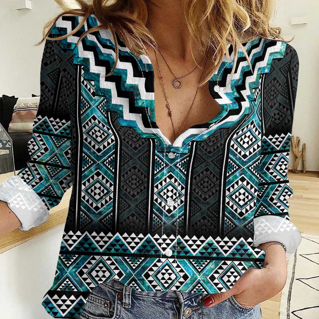 Paua Shell Taniko Pattern Aotearoa Women Casual Shirt Niho Taniwha Mix Poutama