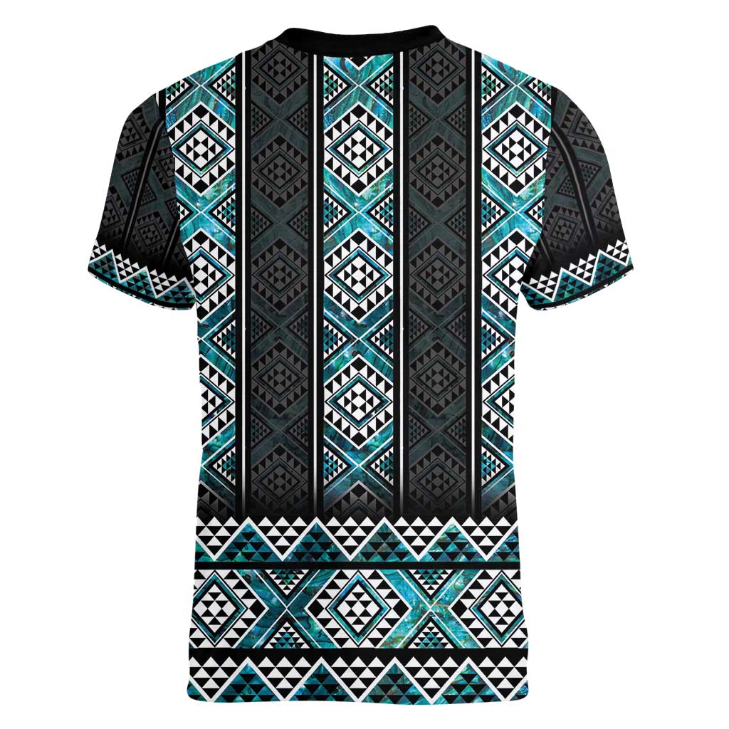 Paua Shell Taniko Pattern Aotearoa Women V-Neck T-Shirt Niho Taniwha Mix Poutama LT14 - Polynesian Pride