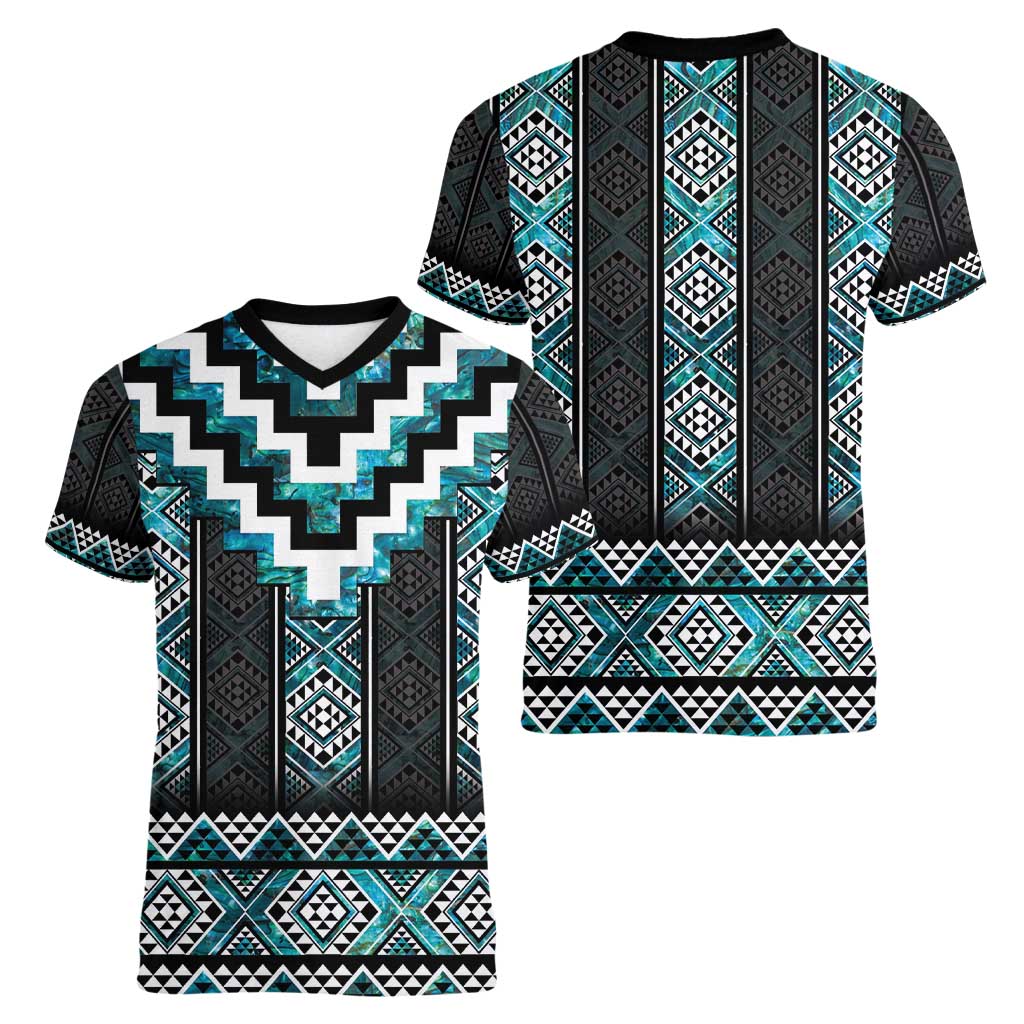 Paua Shell Taniko Pattern Aotearoa Women V-Neck T-Shirt Niho Taniwha Mix Poutama LT14 - Polynesian Pride