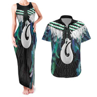 Aotearoa Korowai Motif Couples Matching Tank Maxi Dress and Hawaiian Shirt Hei Matau Poutama Maori Pattern LT14 Turquoise - Polynesian Pride