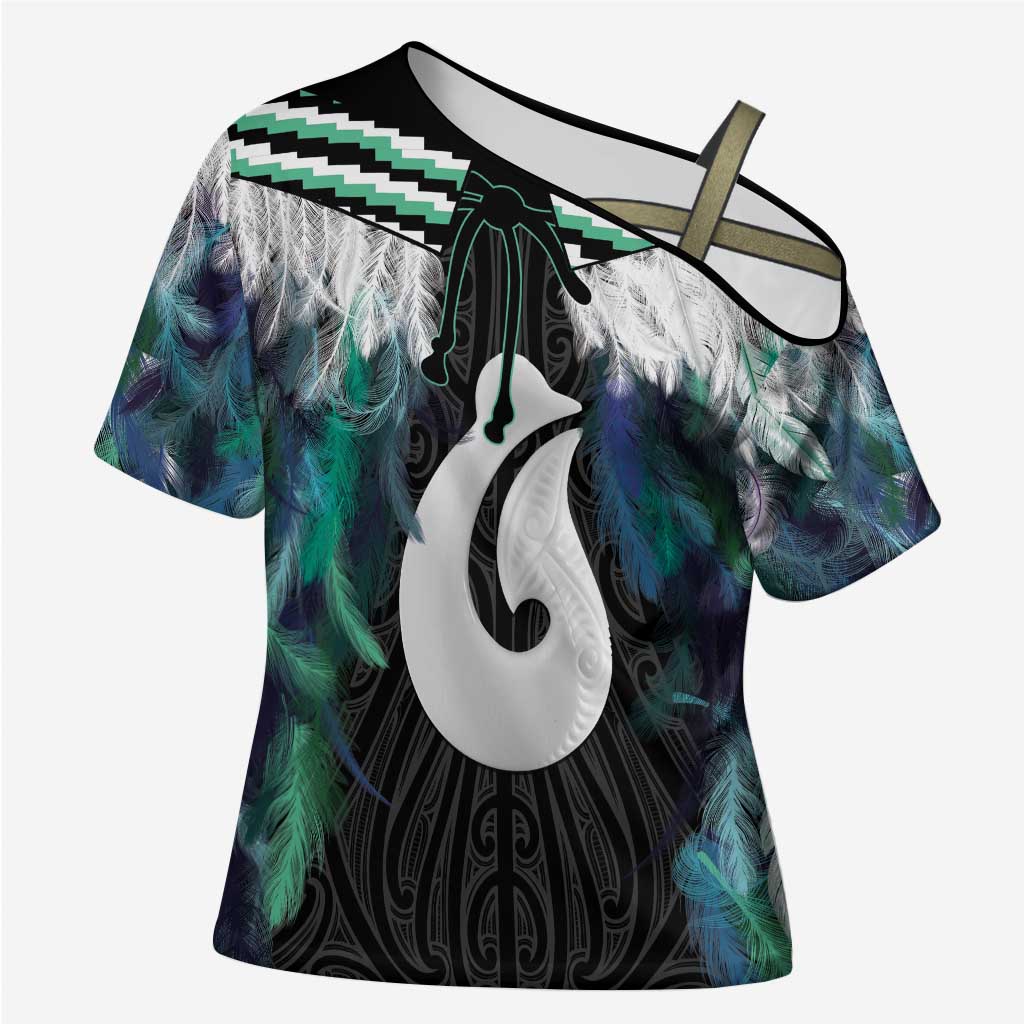 Aotearoa Korowai Motif Cross Shoulder Shirt Hei Matau Poutama Maori Pattern - Polynesian Pride