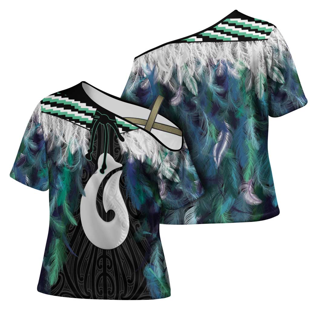 Aotearoa Korowai Motif Cross Shoulder Shirt Hei Matau Poutama Maori Pattern - Polynesian Pride