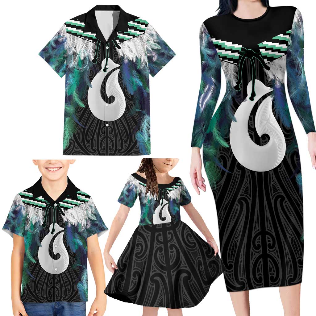 Aotearoa Korowai Motif Family Matching Long Sleeve Bodycon Dress and Hawaiian Shirt Hei Matau Poutama Maori Pattern
