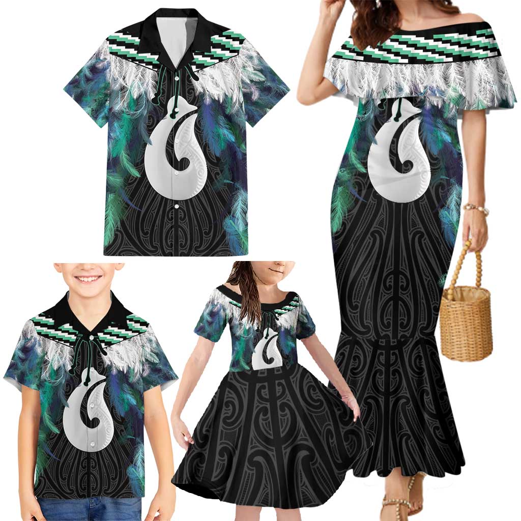 Aotearoa Korowai Motif Family Matching Mermaid Dress and Hawaiian Shirt Hei Matau Poutama Maori Pattern