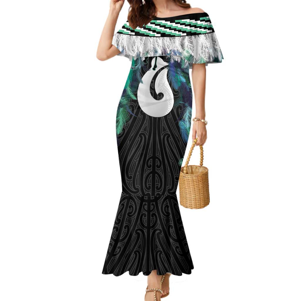 Aotearoa Korowai Motif Family Matching Mermaid Dress and Hawaiian Shirt Hei Matau Poutama Maori Pattern