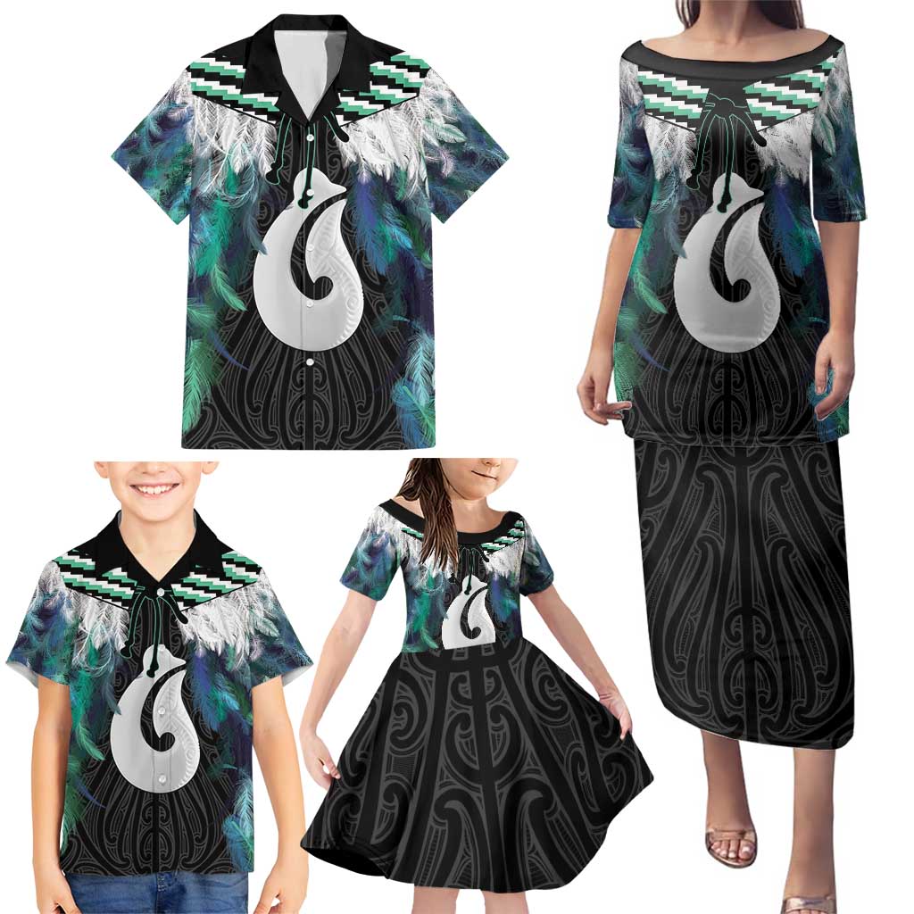 Aotearoa Korowai Motif Family Matching Puletasi and Hawaiian Shirt Hei Matau Poutama Maori Pattern