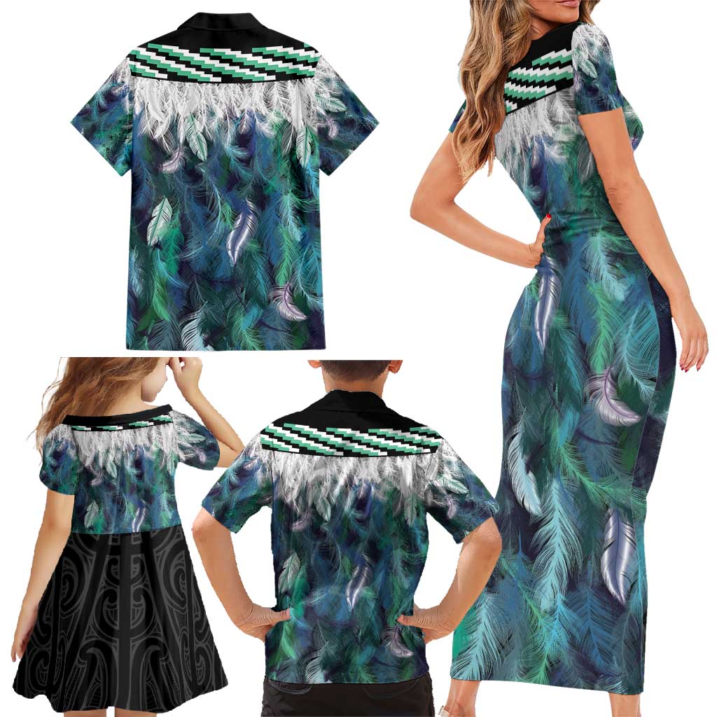 Aotearoa Korowai Motif Family Matching Short Sleeve Bodycon Dress and Hawaiian Shirt Hei Matau Poutama Maori Pattern