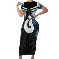 Aotearoa Korowai Motif Family Matching Short Sleeve Bodycon Dress and Hawaiian Shirt Hei Matau Poutama Maori Pattern
