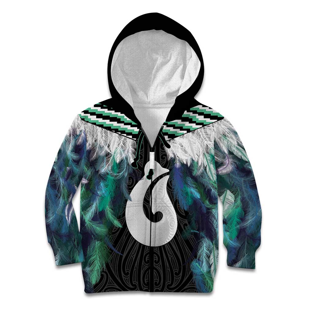 Aotearoa Korowai Motif Kid Hoodie Hei Matau Poutama Maori Pattern LT14 Zip Hoodie Turquoise - Polynesian Pride