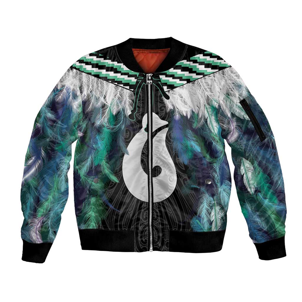 Aotearoa Korowai Motif Sleeve Zip Bomber Jacket Hei Matau Poutama Maori Pattern