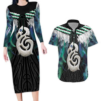 Aotearoa Korowai Motif Couples Matching Long Sleeve Bodycon Dress and Hawaiian Shirt Hei Manaia Poutama Maori Pattern