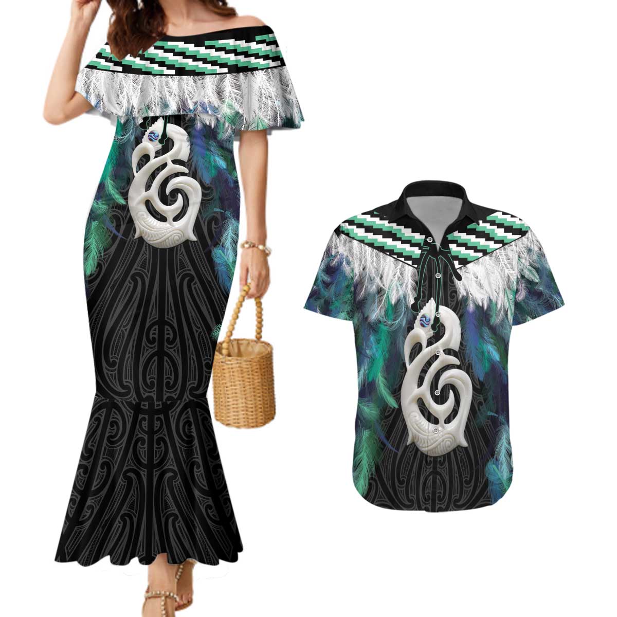 Aotearoa Korowai Motif Couples Matching Mermaid Dress and Hawaiian Shirt Hei Manaia Poutama Maori Pattern LT14 Turquoise - Polynesian Pride
