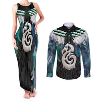 Aotearoa Korowai Motif Couples Matching Tank Maxi Dress and Long Sleeve Button Shirt Hei Manaia Poutama Maori Pattern LT14 Turquoise - Polynesian Pride