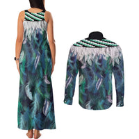 Aotearoa Korowai Motif Couples Matching Tank Maxi Dress and Long Sleeve Button Shirt Hei Manaia Poutama Maori Pattern LT14 - Polynesian Pride