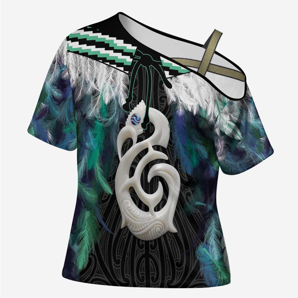 Aotearoa Korowai Motif Cross Shoulder Shirt Hei Manaia Poutama Maori Pattern - Polynesian Pride