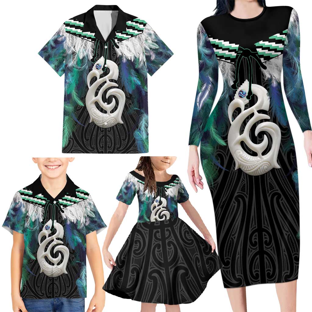 Aotearoa Korowai Motif Family Matching Long Sleeve Bodycon Dress and Hawaiian Shirt Hei Manaia Poutama Maori Pattern