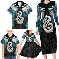 Aotearoa Korowai Motif Family Matching Long Sleeve Bodycon Dress and Hawaiian Shirt Hei Manaia Poutama Maori Pattern
