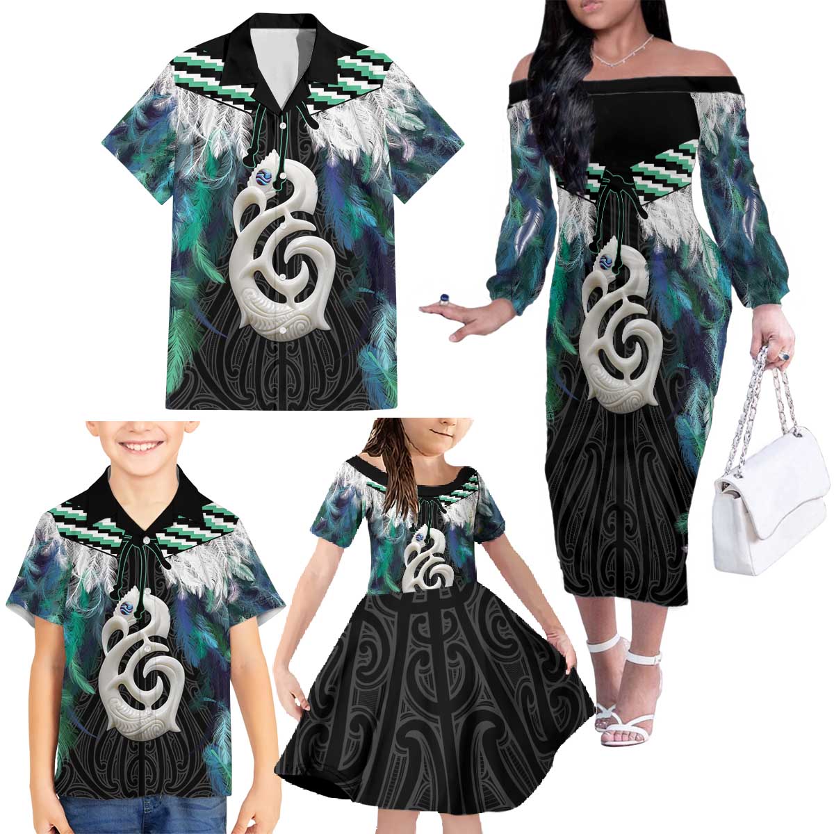Aotearoa Korowai Motif Family Matching Off The Shoulder Long Sleeve Dress and Hawaiian Shirt Hei Manaia Poutama Maori Pattern