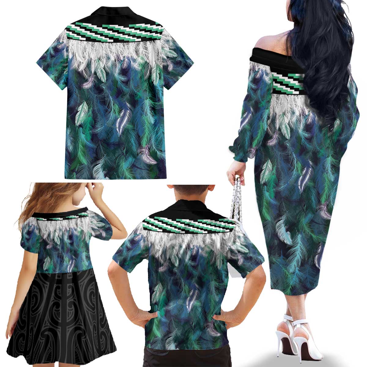 Aotearoa Korowai Motif Family Matching Off The Shoulder Long Sleeve Dress and Hawaiian Shirt Hei Manaia Poutama Maori Pattern