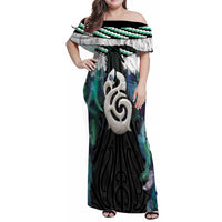 Aotearoa Korowai Motif Family Matching Off Shoulder Maxi Dress and Hawaiian Shirt Hei Manaia Poutama Maori Pattern