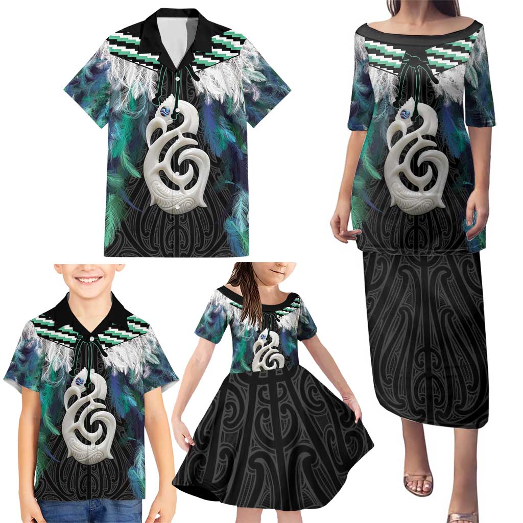 Aotearoa Korowai Motif Family Matching Puletasi and Hawaiian Shirt Hei Manaia Poutama Maori Pattern