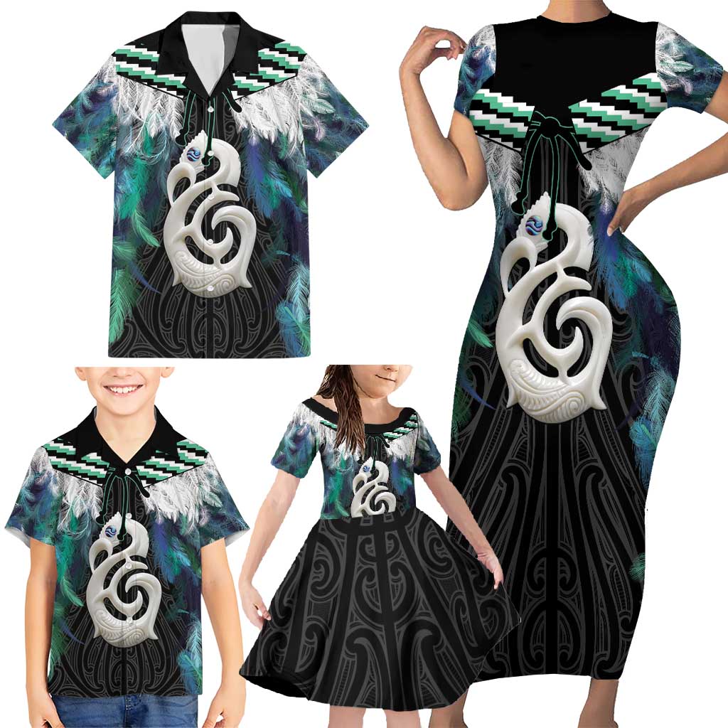 Aotearoa Korowai Motif Family Matching Short Sleeve Bodycon Dress and Hawaiian Shirt Hei Manaia Poutama Maori Pattern
