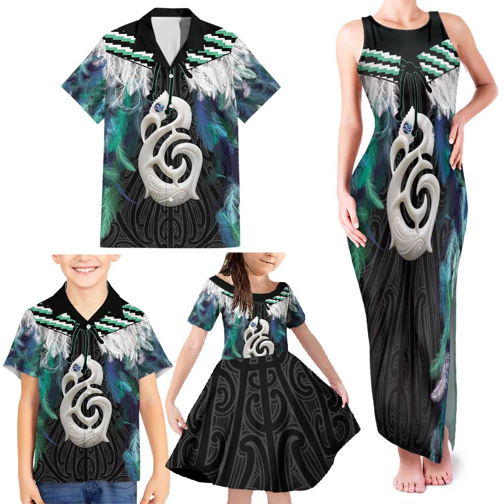 Aotearoa Korowai Motif Family Matching Tank Maxi Dress and Hawaiian Shirt Hei Manaia Poutama Maori Pattern