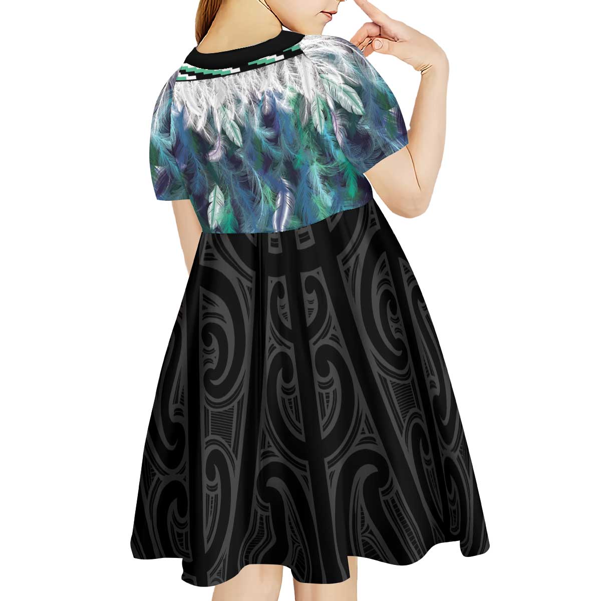 Aotearoa Korowai Motif Kid Short Sleeve Dress Hei Manaia Poutama Maori Pattern
