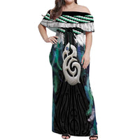 Aotearoa Korowai Motif Off Shoulder Maxi Dress Hei Manaia Poutama Maori Pattern