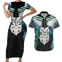 Aotearoa Korowai Motif Couples Matching Short Sleeve Bodycon Dress and Hawaiian Shirt Maori Wheku Poutama
