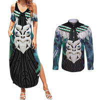 Aotearoa Korowai Motif Couples Matching Summer Maxi Dress and Long Sleeve Button Shirt Maori Wheku Poutama LT14 Turquoise - Polynesian Pride