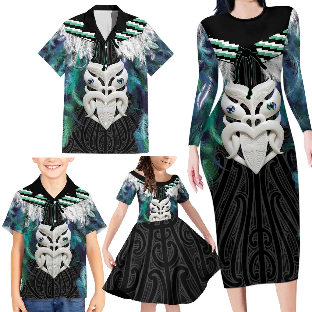 Aotearoa Korowai Motif Family Matching Long Sleeve Bodycon Dress and Hawaiian Shirt Maori Wheku Poutama