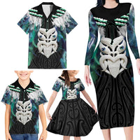 Aotearoa Korowai Motif Family Matching Long Sleeve Bodycon Dress and Hawaiian Shirt Maori Wheku Poutama