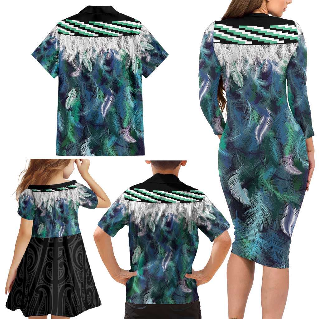 Aotearoa Korowai Motif Family Matching Long Sleeve Bodycon Dress and Hawaiian Shirt Maori Wheku Poutama