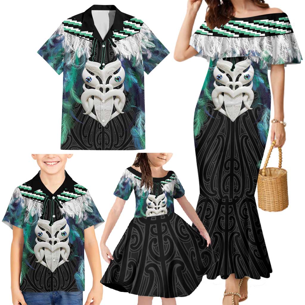 Aotearoa Korowai Motif Family Matching Mermaid Dress and Hawaiian Shirt Maori Wheku Poutama