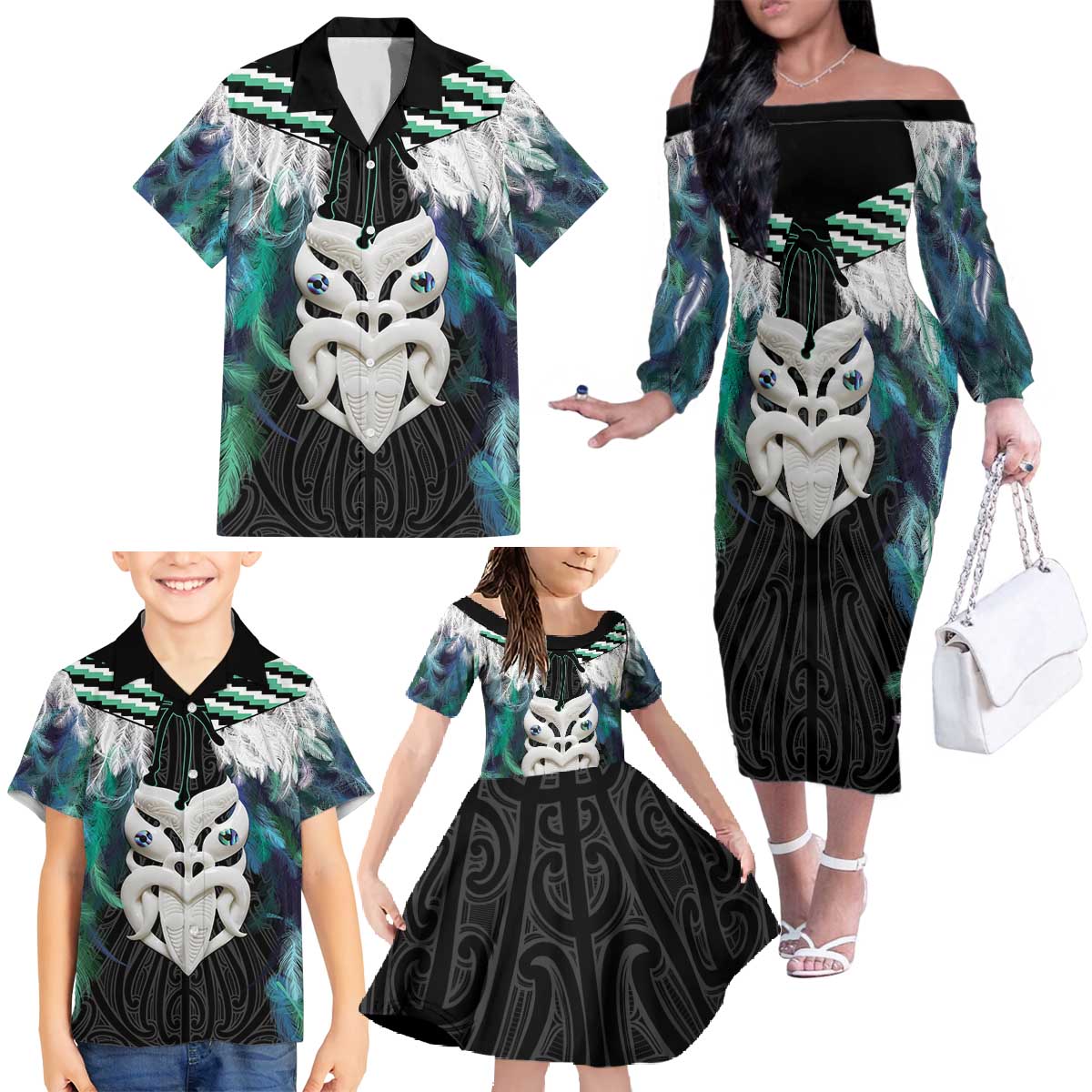 Aotearoa Korowai Motif Family Matching Off The Shoulder Long Sleeve Dress and Hawaiian Shirt Maori Wheku Poutama