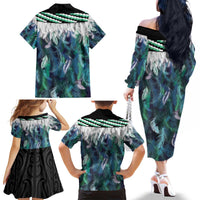 Aotearoa Korowai Motif Family Matching Off The Shoulder Long Sleeve Dress and Hawaiian Shirt Maori Wheku Poutama