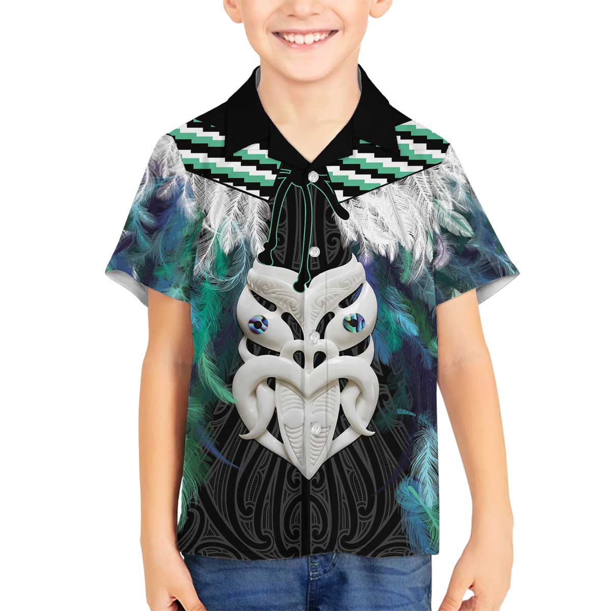 Aotearoa Korowai Motif Family Matching Off The Shoulder Long Sleeve Dress and Hawaiian Shirt Maori Wheku Poutama