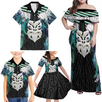 Aotearoa Korowai Motif Family Matching Off Shoulder Maxi Dress and Hawaiian Shirt Maori Wheku Poutama