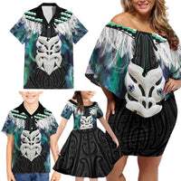 Aotearoa Korowai Motif Family Matching Off Shoulder Short Dress and Hawaiian Shirt Maori Wheku Poutama