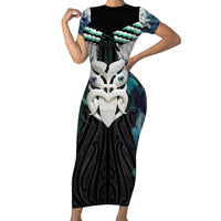 Aotearoa Korowai Motif Family Matching Short Sleeve Bodycon Dress and Hawaiian Shirt Maori Wheku Poutama