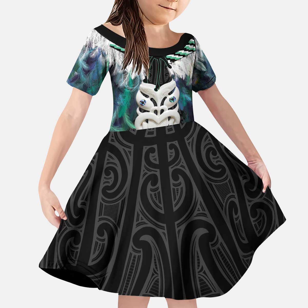 Aotearoa Korowai Motif Kid Short Sleeve Dress Maori Wheku Poutama LT14 KID Turquoise - Polynesian Pride