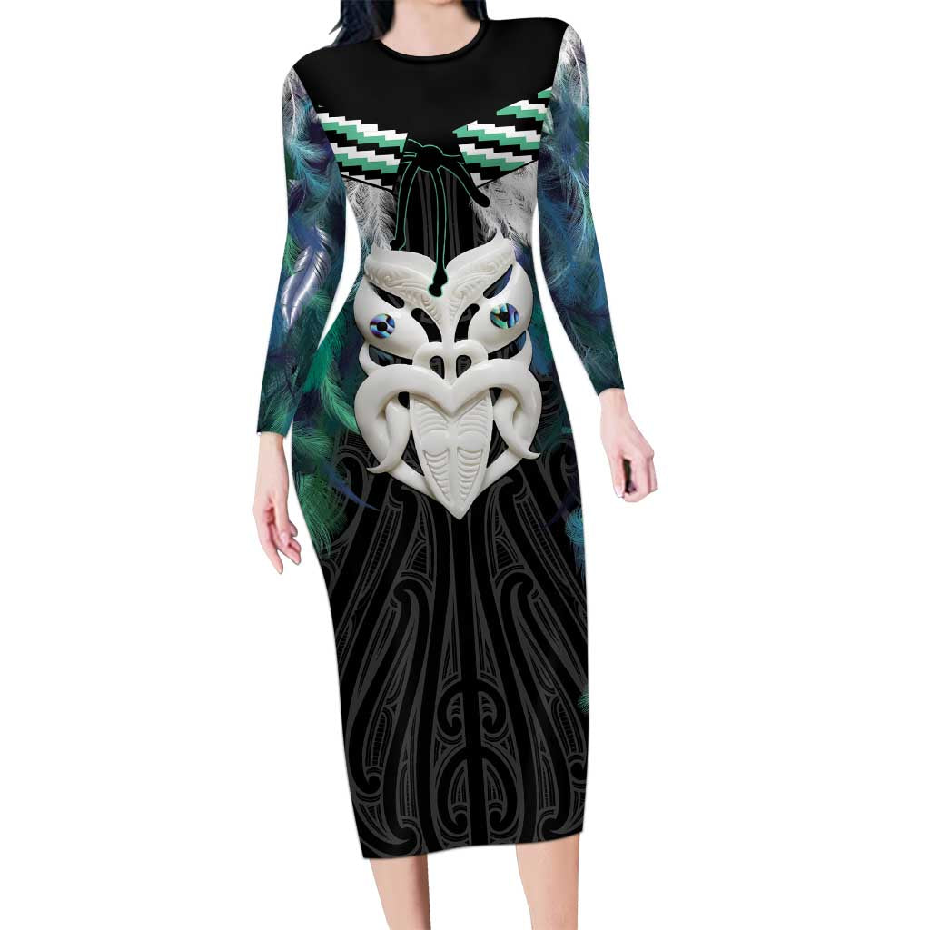 Aotearoa Korowai Motif Long Sleeve Bodycon Dress Maori Wheku Poutama